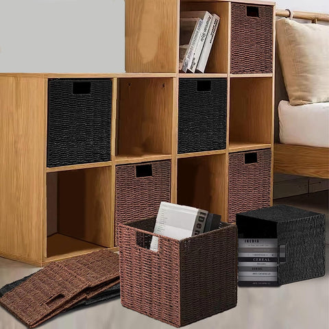 Aluusy Wicker Storage Basket,Foldable Organizer, 28×28×28cm,Brown