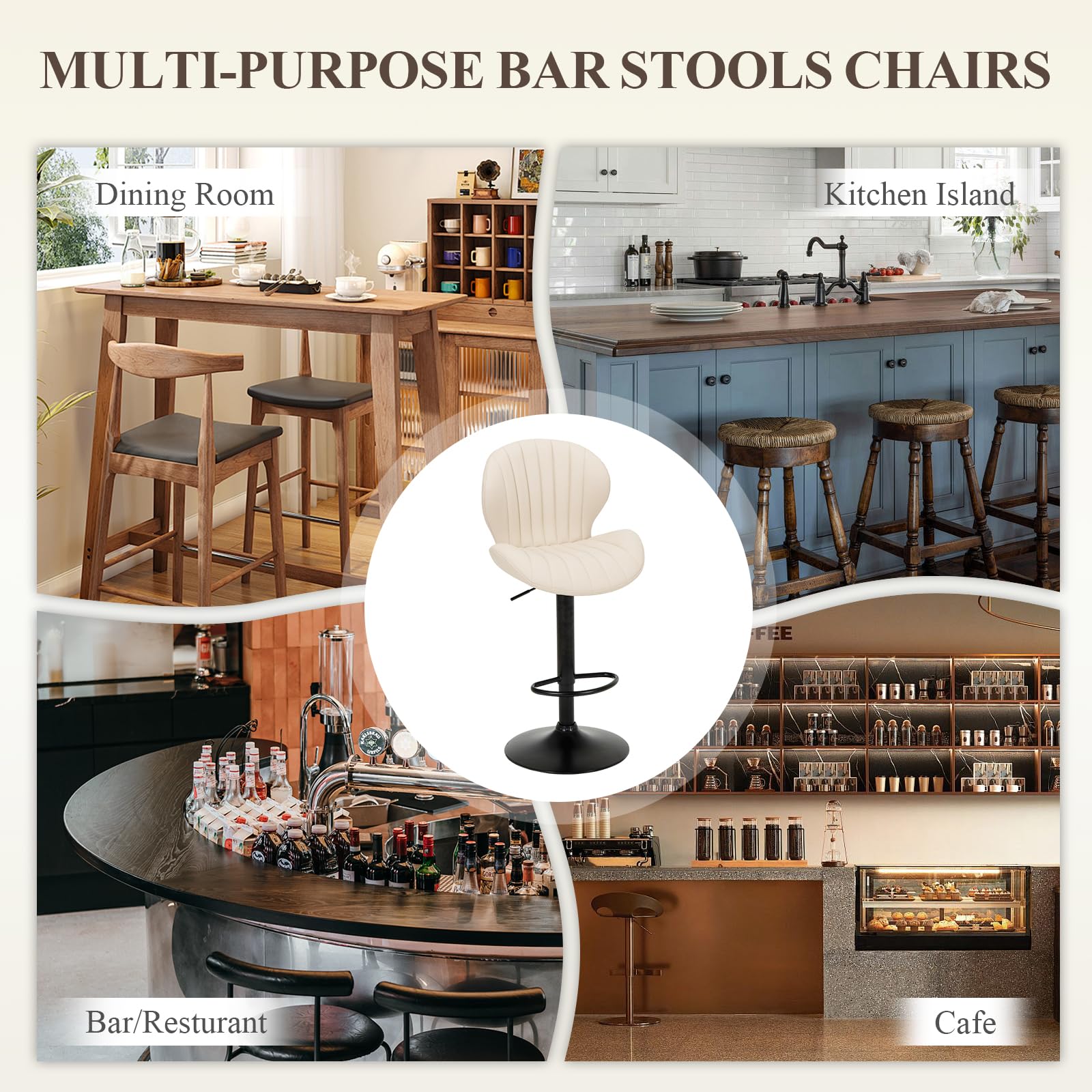 COLAMY Breakfast Bar Stools Set of 4, Modern Swivel Kitchen Bar Chairs, Adjustable PU Leather Upholstered Barstools Counter Height with High Backrest