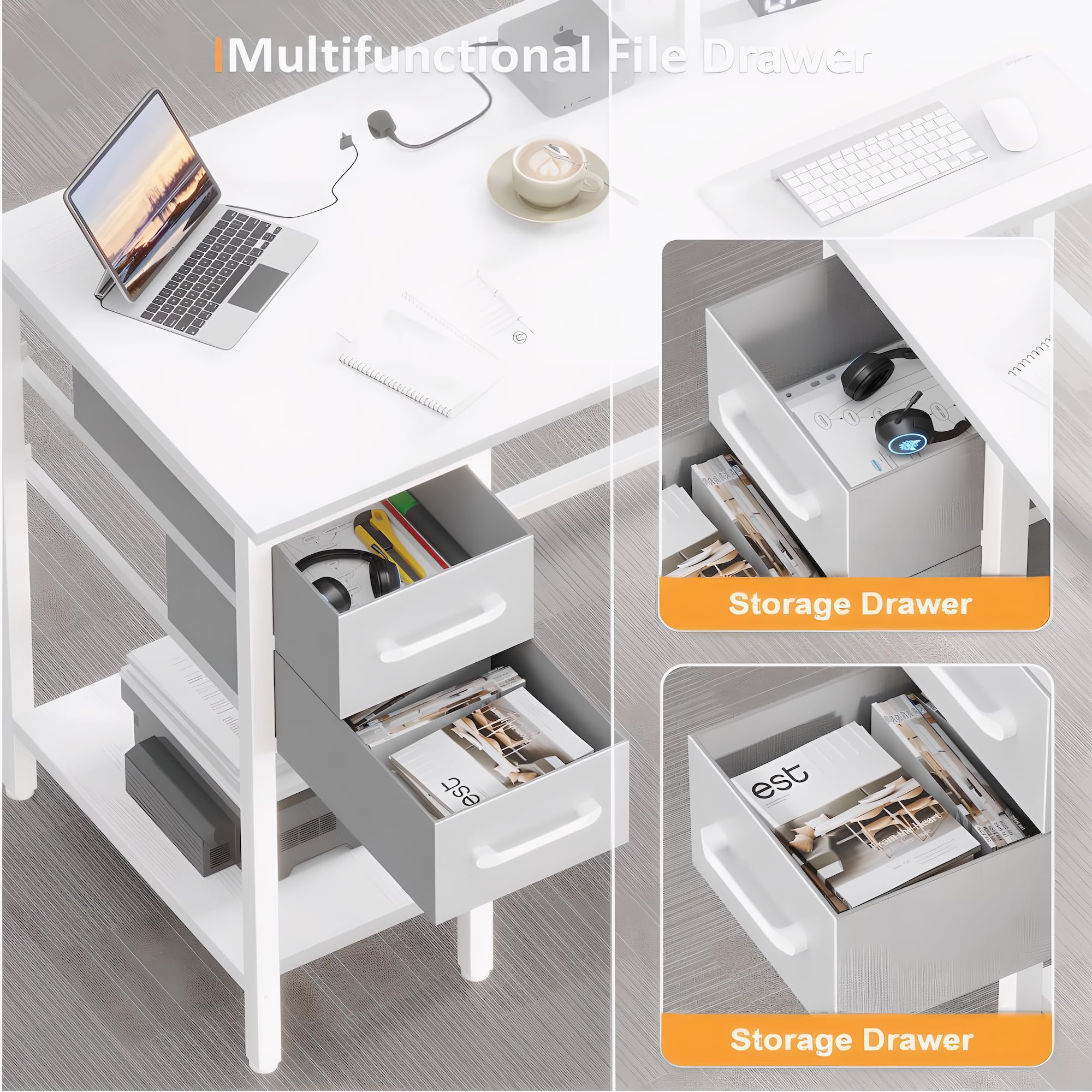 Xyphren 100cm Computer Desk with Drawers & Power Outlets, Office Desk with Storage Monitor Stand, Reversible Small Desks for Home Office Bedroom