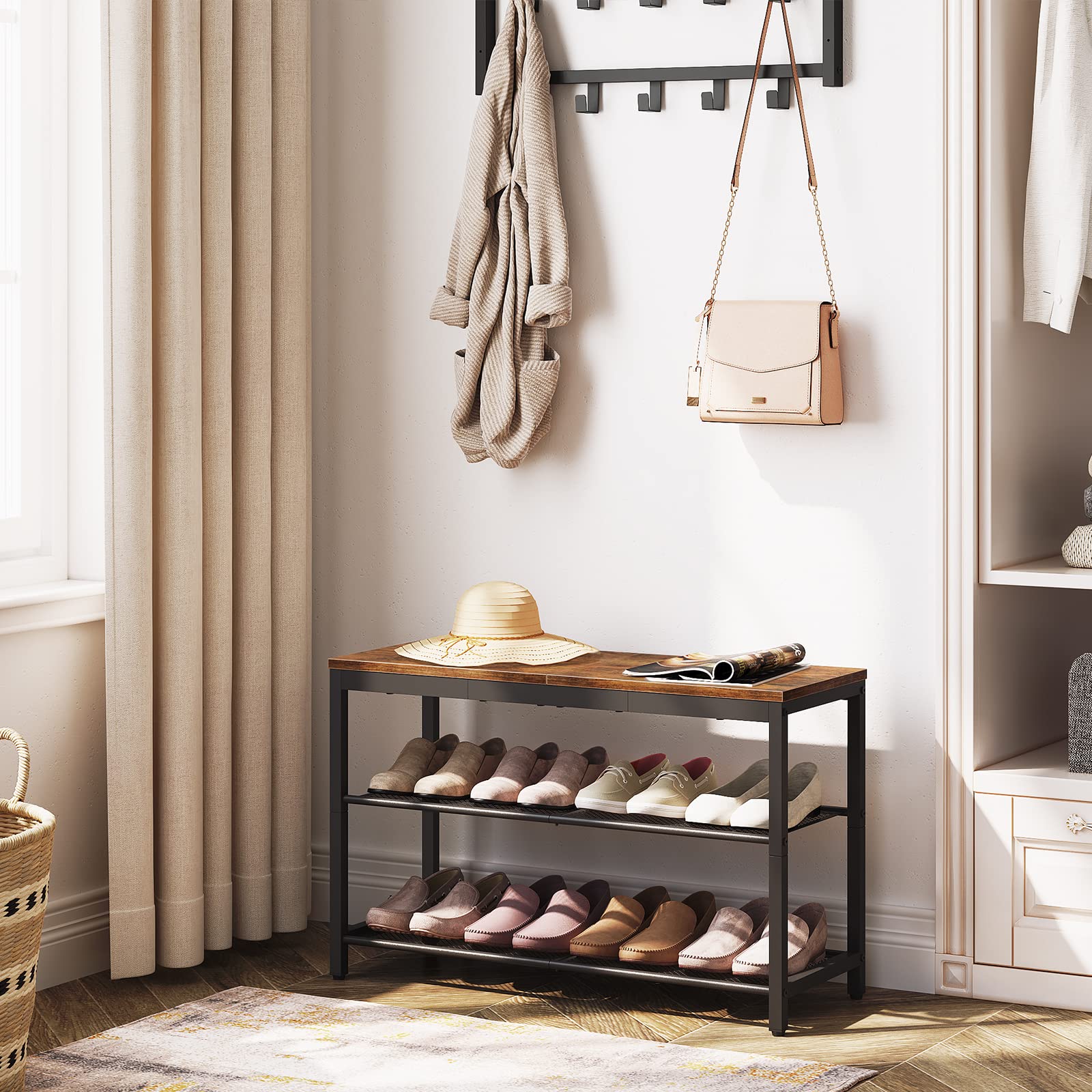 HOOBRO Shoe Rack, 3-Tier Shoe Bench with 2 Mesh Shelves, Shoe Storage Bench with Seat, for Entryway, Hallway, Living Room, Small Space, Easy Assembly