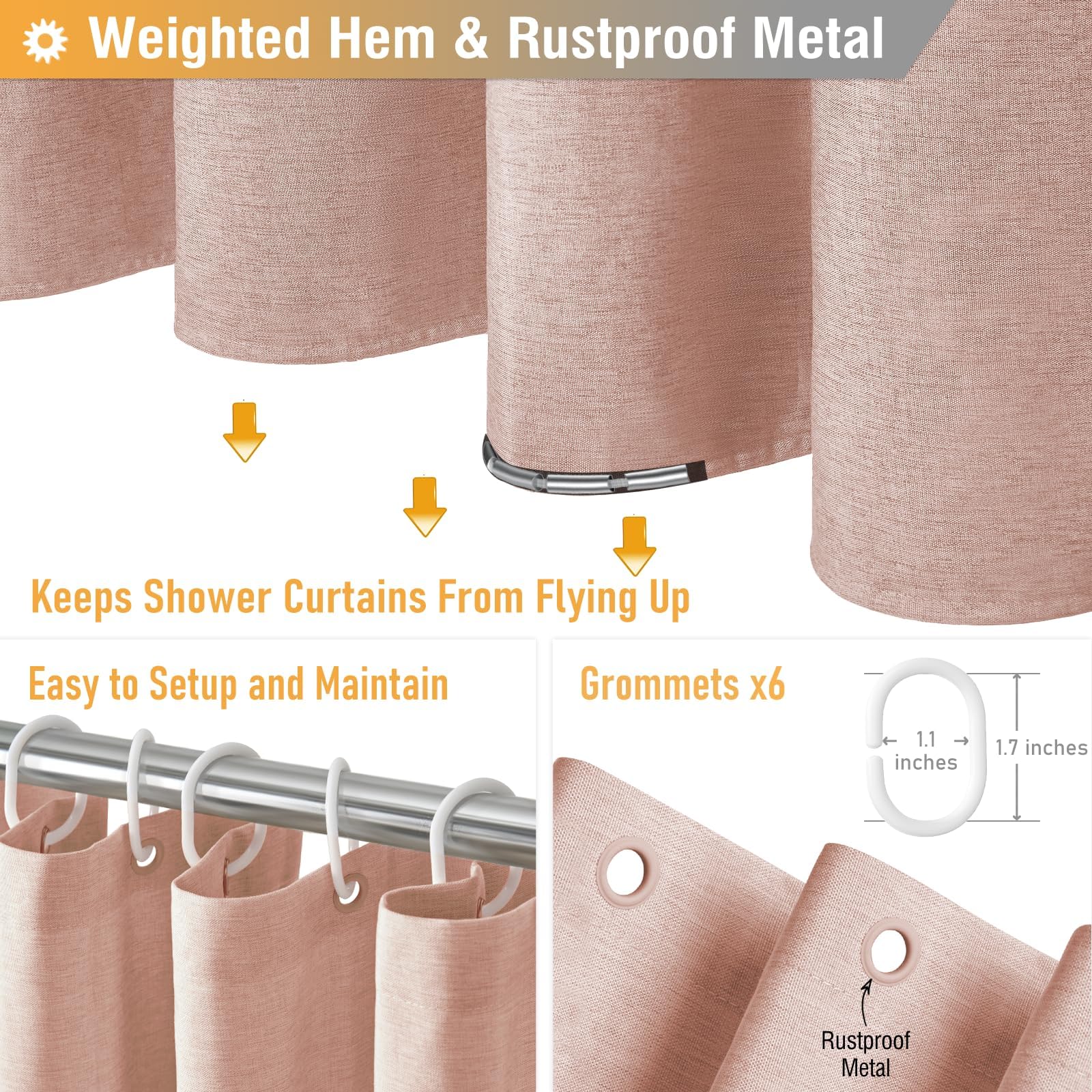 BTTN Narrow Linen Look Weighted Shower Curtain, Waterproof, 92x182cm, Blush
