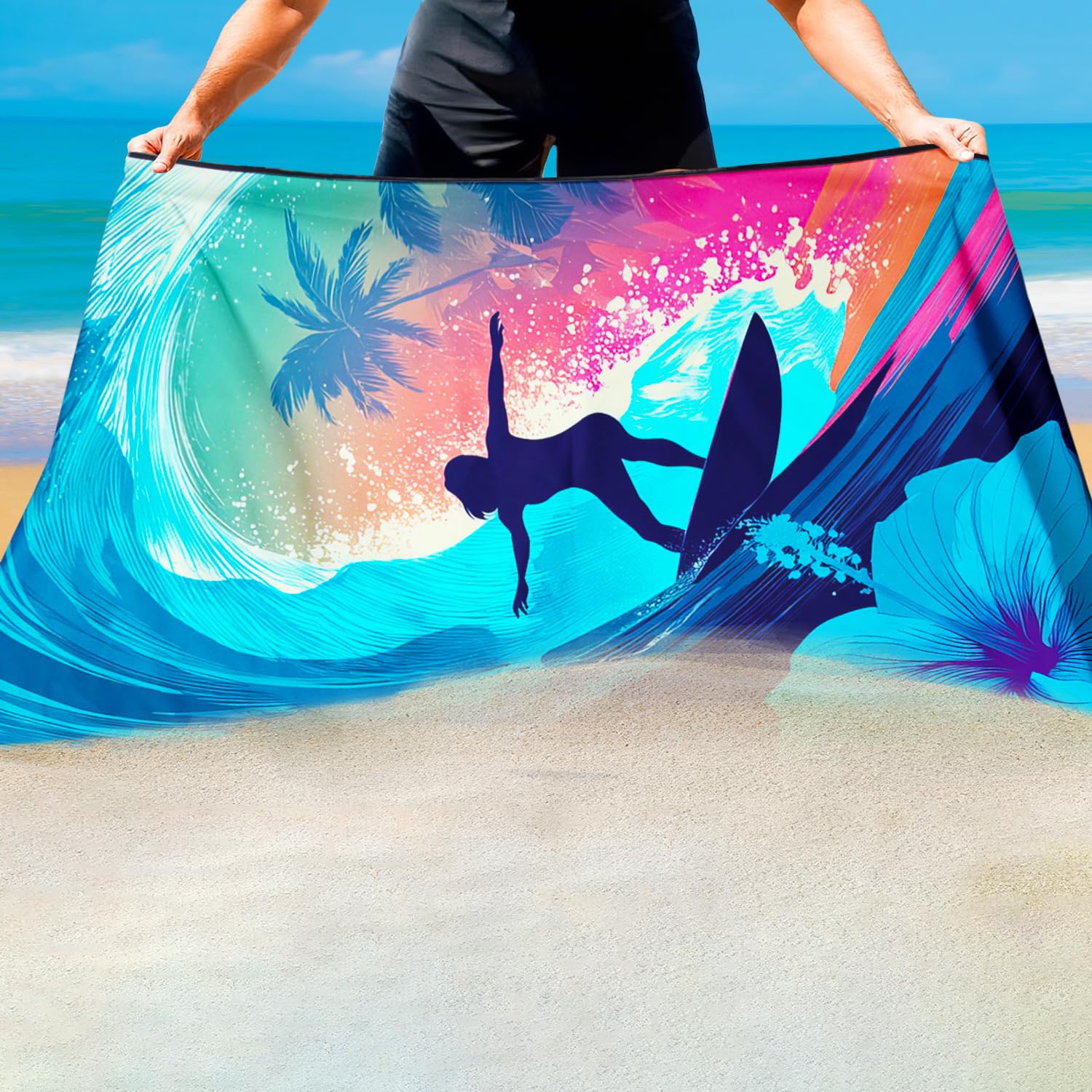 Violetpos Neon Surfer Beach Towel, Extra Large 180x90 cm 250GSM Microfibre, Sand Free Quick Dry