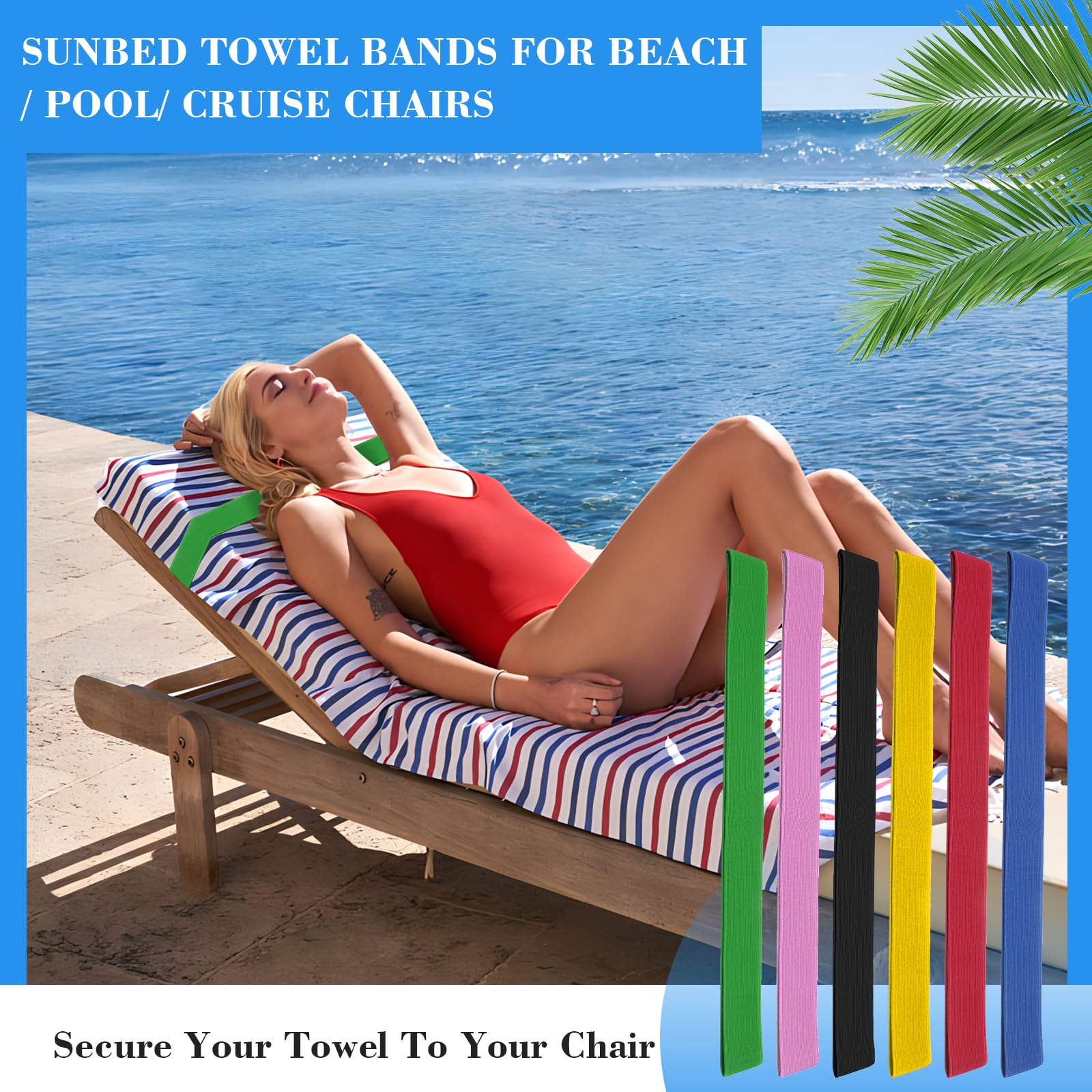 QOPAHI 6 Pack Towel Bands for Sun Loungers, Elastic Sunbed Towel Straps for Pool & Cruise Chairs