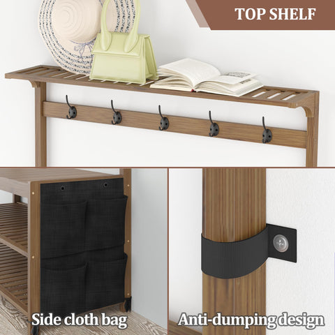 AMBIRD Coat Rack Bamboo Hall Tree Entryway Shoe Bench and Shelves, 6-in-1 Coat Stand with Storage Cloth Bags with 14 Coat Hooks