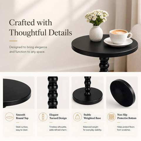 Junistra Round Drink Table, Small Pine Wood Beaded Pedestal Side Table for Sofa, Living Room, Bedroom and Small Spaces, Black
