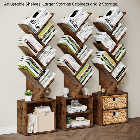 Vagusicc 6 Tier Tree Bookshelf, Modern Floor Standing Bookcase with Storage Drawer, Space Saving Storage Organizer Book Shelves for Books