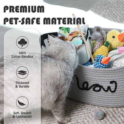Sea Team Grey Cotton Rope Cat Toy Storage Basket Meow Print with Handles