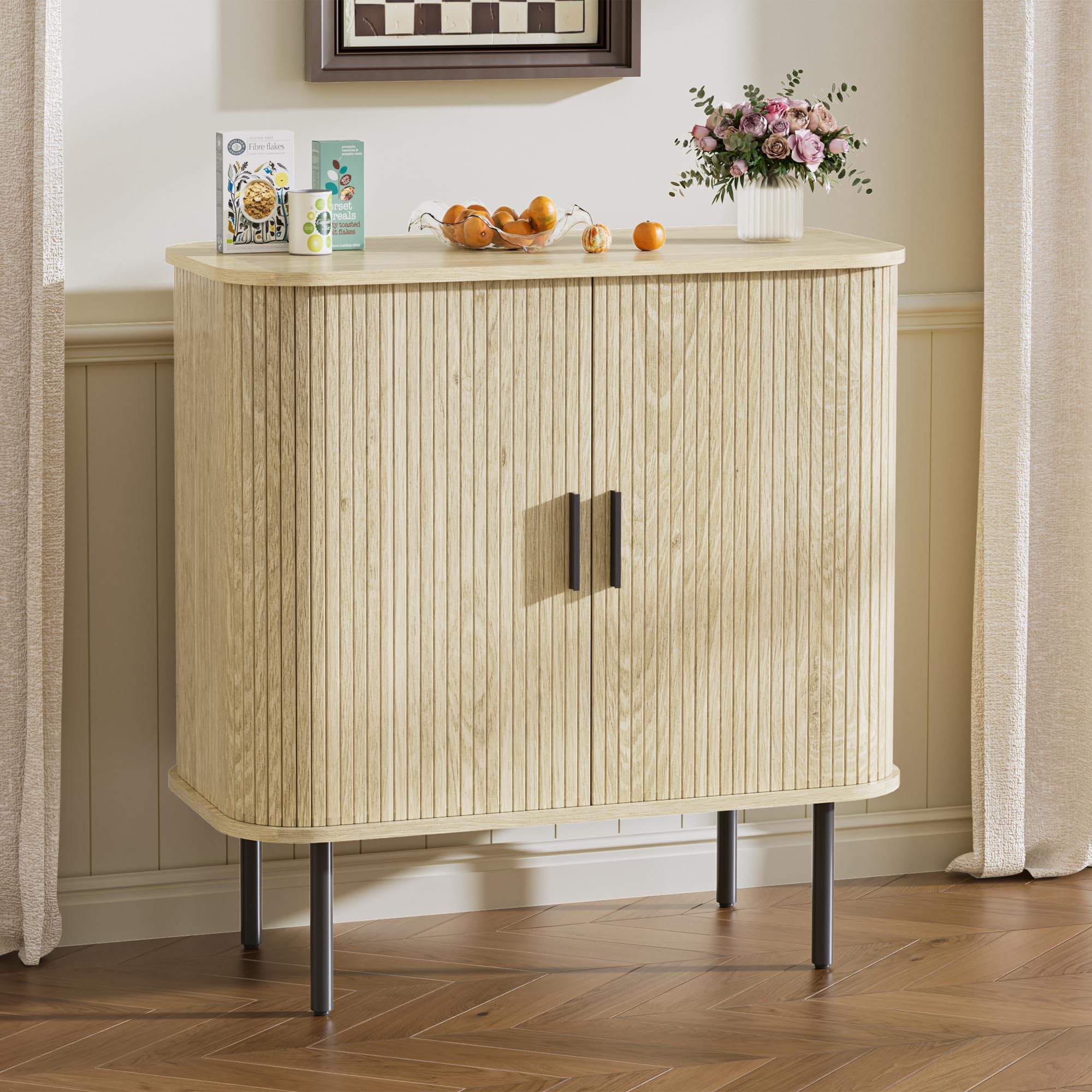 BonVache Sideboard, Buffet Storage Cabinet for Living Room, Kitchen Cupboard with Tambour Sliding Door