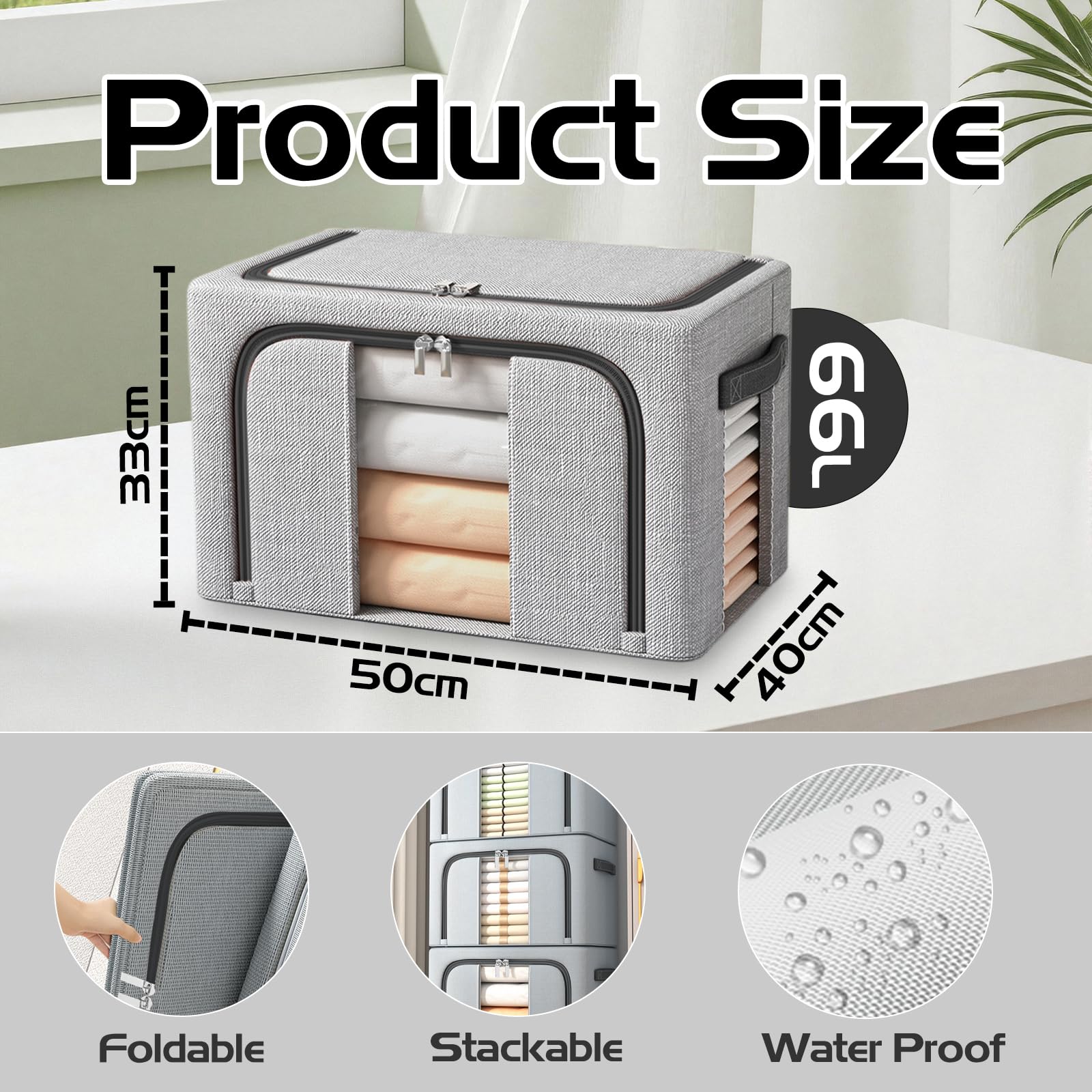BOUDOI Clothes Storage Boxs With Lid，Large Storage Box With Double opening Zips Clear Windows，Foldable Oxford Cloth Steel Frame