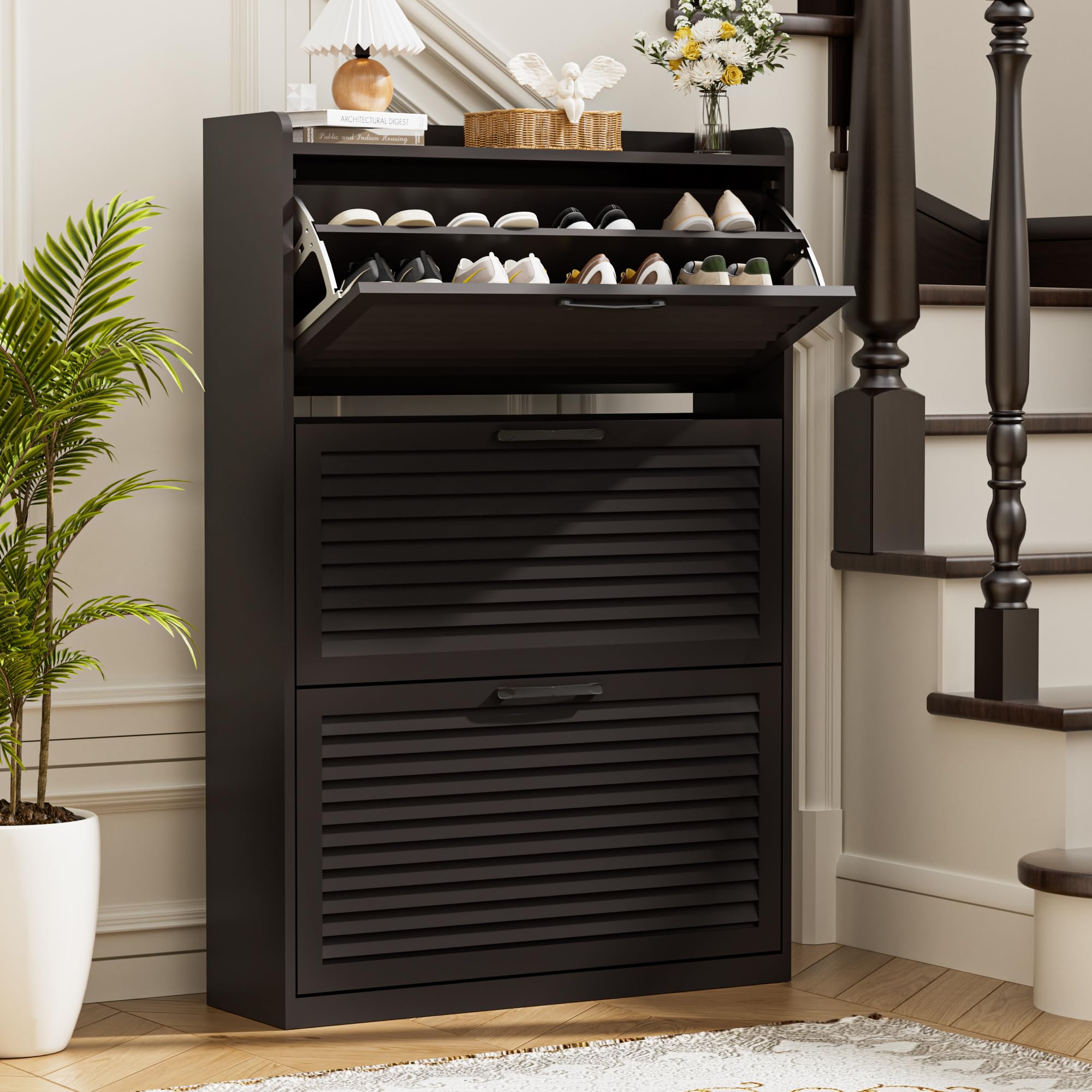 BonVache Shoe Storage with 3 Flip Louvered Doors, Narrow Wooden Shoe Cabinet (120x80x24cm) with Adjustable Shelves For Hallway, Entreway