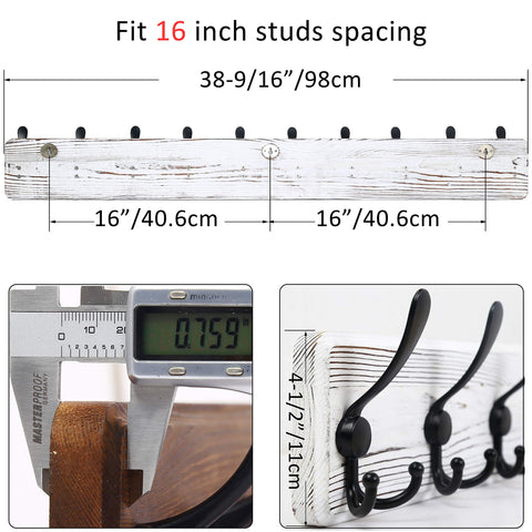 WEBI Coat Rack Wall Mounted,98cm Long,10 Hooks,Wood Coat Hooks Wall Mounted,Coat Hanger Wall,Hook Rack Rail,Triple Hooks for Hanging