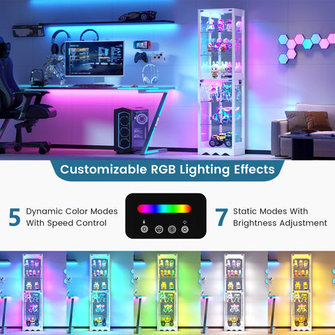 FREDEES Glass Display Cabinet with RGB Lights, 6 Tiers, White