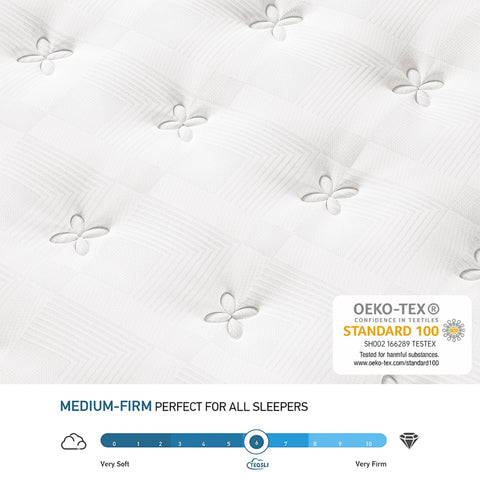 TeQsli 10 Inch Single Mattress Hybrid Medium Firm 7 Zone 90x190x25cm