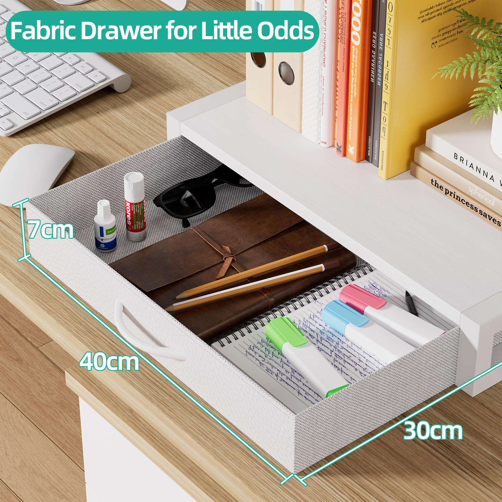 OYRREU 2-Tier Desktop Printer Stand with Fabric Drawer for Storage, White