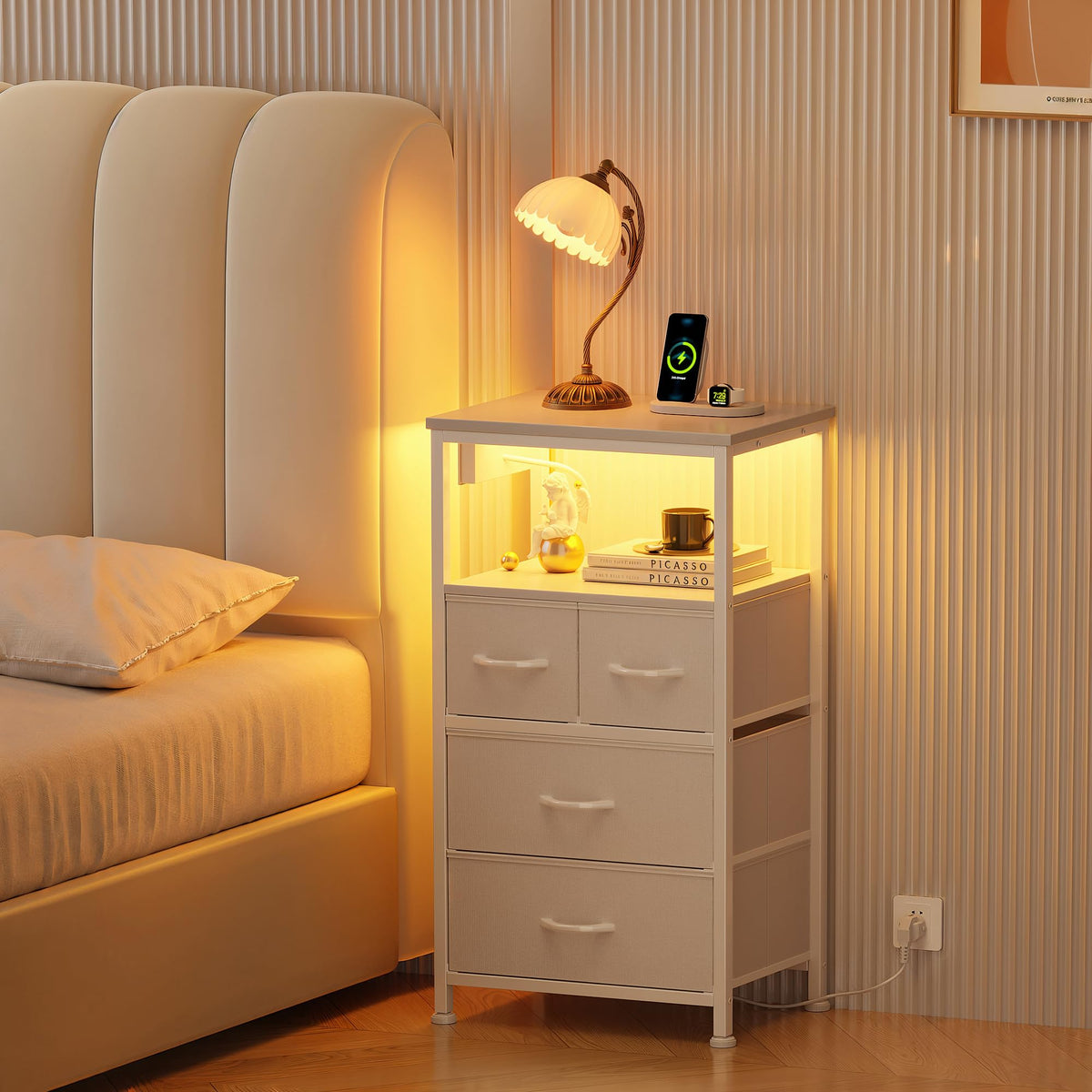 Flrrtenv Bedside Table with Charging Station, 4 Drawers Bedside Cabinet for Bedroom, LED Nightstand with Storage Shelf
