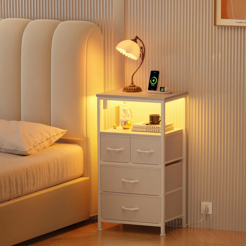 Flrrtenv Bedside Table with Charging Station, 4 Drawers Bedside Cabinet for Bedroom, LED Nightstand with Storage Shelf