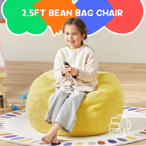 Hobestluk Kids Bean Bag Chair Teardrop Shape with Filling, 2.5FT Yellow