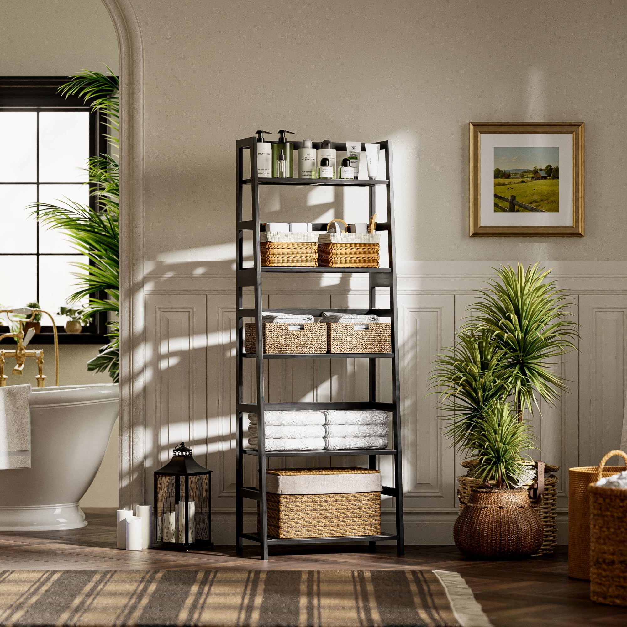 vovala Ladder Shelf, 5-Tier Bookshelf, All Bamboo Heavy Duty Bookcase, Freestanding Open Wood Storage Rack