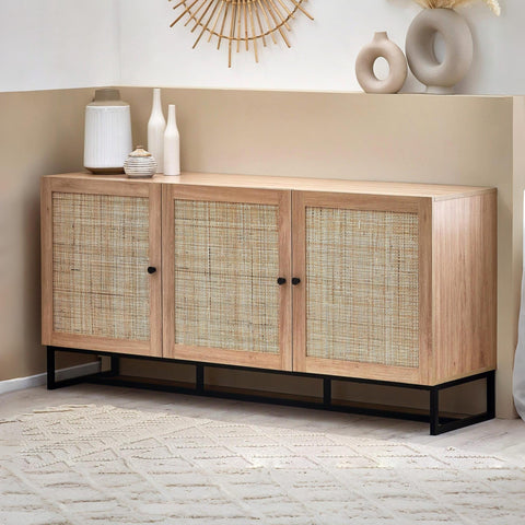 Julian Bowen Padstow Sideboard, Rattan Doors, Oak - H75 x W160 x D40cm