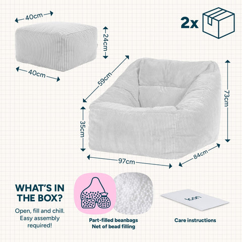 icon Natalia Cord Bean Bag Chair & Footstool with Filling Included, Grey