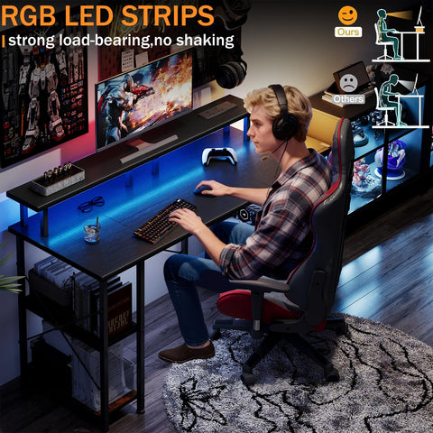 MUTUN Gaming Desk with LED Lights & Power Outlets, 120×50cm Computer Desk with Storage Shelves & Dual Monitor Stand