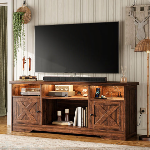 Coleshome Walnut TV Unit, TV Stand Cabinet with Sockets, USB and LED