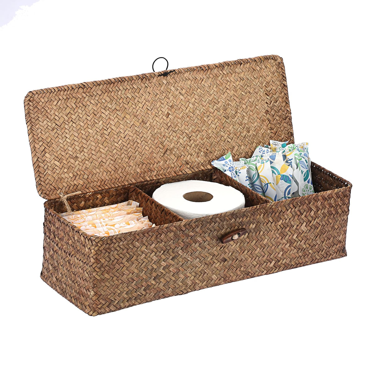 IGNPION 3-Compartment Seagrass Storage Baskets with Lid Woven Seagrass Desktop Basket Bathroom Storage Organiser Box