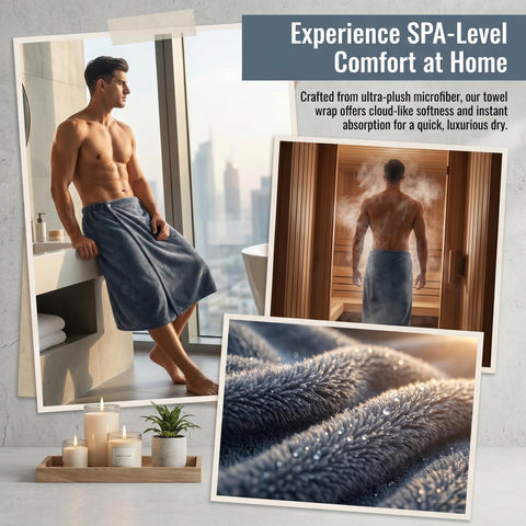 HUANYO Men's Bath Towel Wrap with Pocket – Adjustable, Super Absorbent Towel Skirt for Home, Gym, Spa, Beach & Pool (Grey)