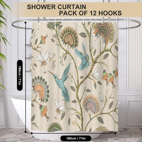 Minicoco Integrated Room Shower Curtain 100% Polyester Waterproof Mould Proof Floral Shower Curtain with 12 Hooks, 180 x 180 cm (White Flower Bird)