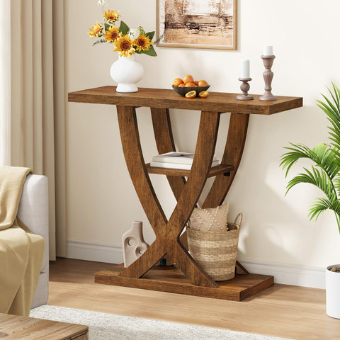 FAVOOSTY Slim Console Table for Hallway, 3-Tier Half Moon Narrow Entryway Table with Shelves, Industrial Behind Sofa Table