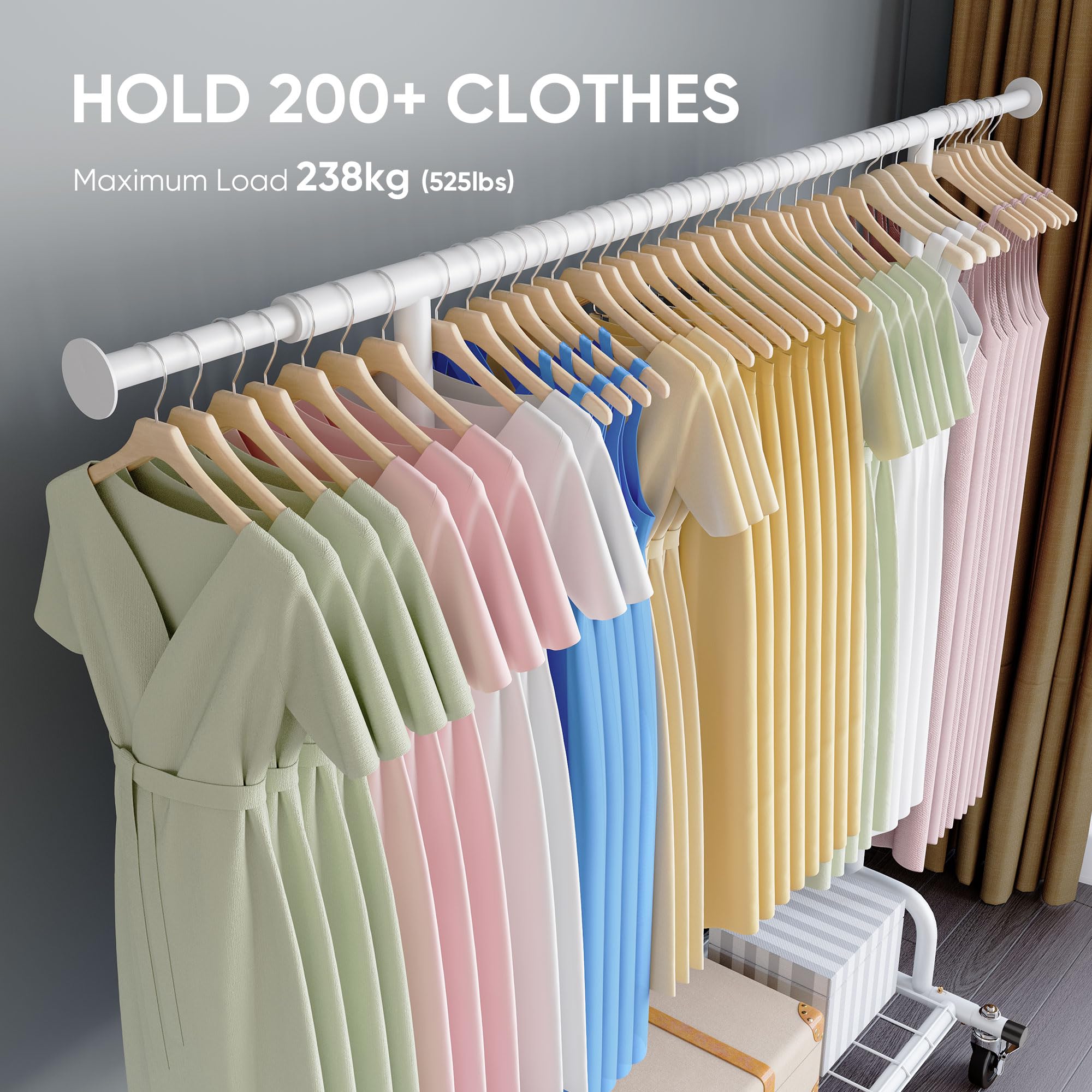 HOKEEPER Heavy Duty Clothes Rail 238kg (525lbs) Capacity, Extendable Hanging Rack with Lockable Wheels & Shelves, Space Saving for Bedroom, Apartment
