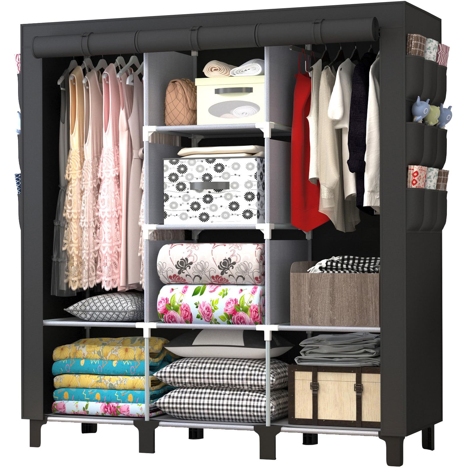 chunyangjingpin Portable Closet with 2 Hanging Rails & 8 Shelves, Bedroom Wardrobe with 18 Side Pockets, Foldable Garment Organiser (Black)
