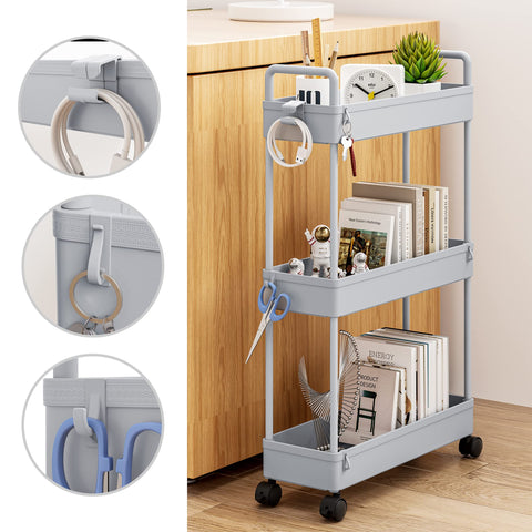 SOLEJAZZ 3-Tier Storage Trolley Cart Slide-out Slim Rolling Utility Cart Mobile Storage Shelving Organizer for Kitchen, Bathroom, Laundry Room