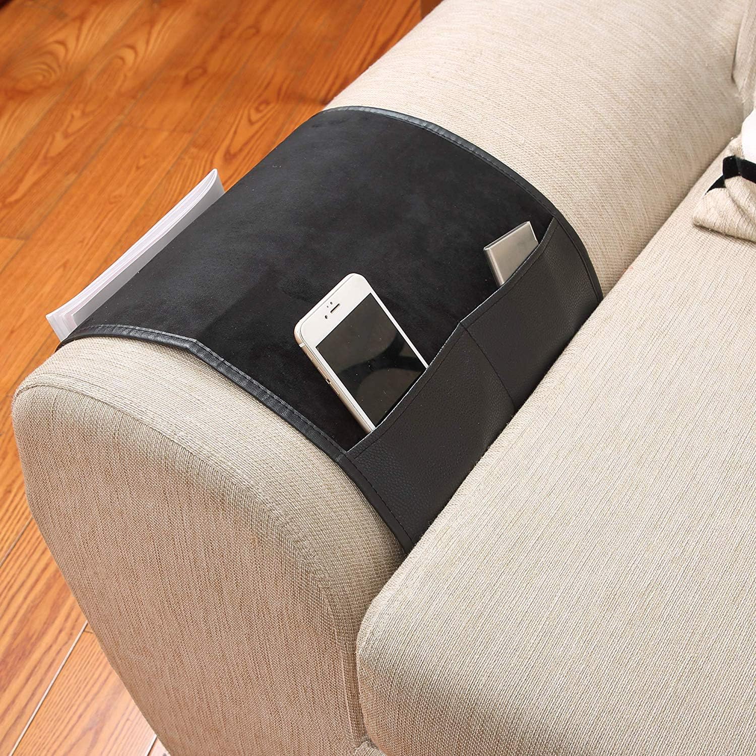 No-slip Leather Sofa Couch Remote Control Holder Chair Armrest Caddy Pocket Organizer Storage Bag for Cellphone Tablet Notepad Magazines Glassess