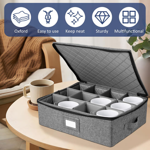 GWCYMYD Cup and Mug Storage Box with Dividers, Foldable Tea Cup Storage Box with Handles and Zipper Lid, Holds 12 Glassware Cups for Moving, Packing