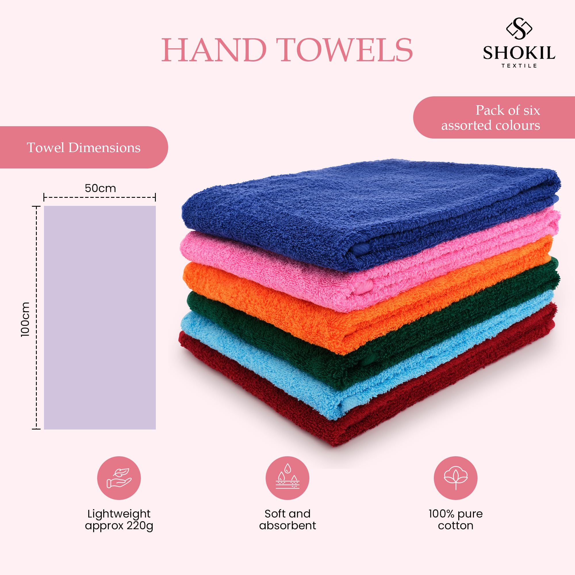 Large Egyptian Hand Towels For Bathroom - 100% Cotton - Pack of 6