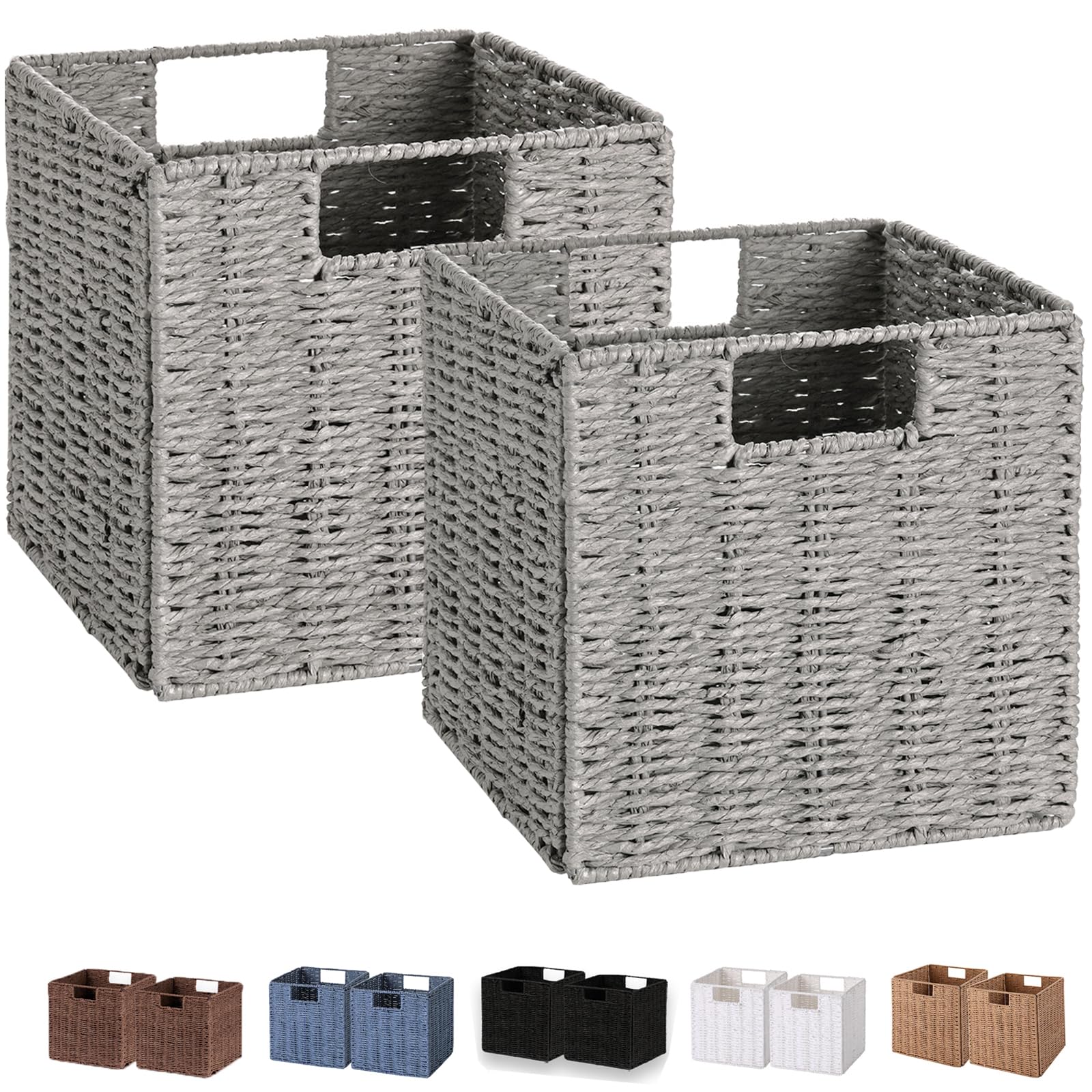 Vagusicc Wicker Baskets, Set of 2 Hand-Woven Paper Rope Storage Bins, Foldable Storage Cubes, Large Storage Baskets for Gifts Empty