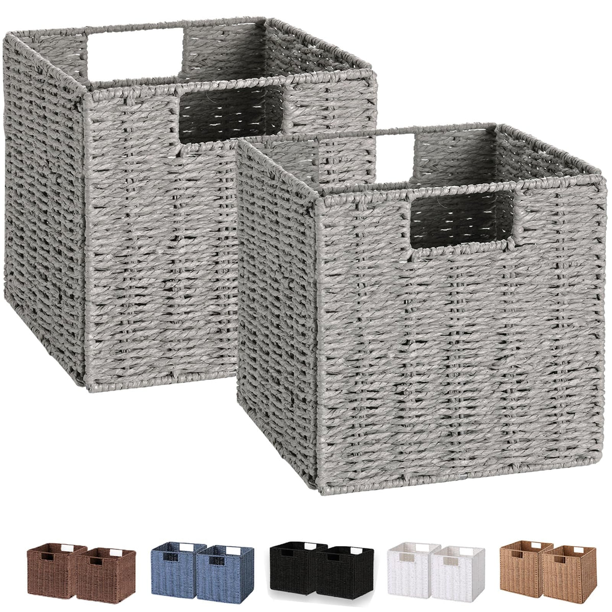 Vagusicc Wicker Baskets, Set of 2 Hand-Woven Paper Rope Storage Bins, Foldable Storage Cubes, Large Storage Baskets for Gifts Empty