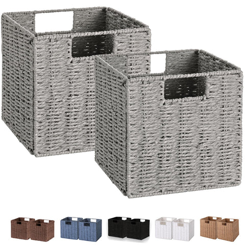 Vagusicc Wicker Baskets, Set of 2 Hand-Woven Paper Rope Storage Bins, Foldable Storage Cubes, Large Storage Baskets for Gifts Empty
