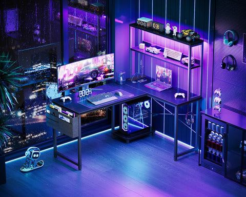 Coleshome L Shaped Gaming Desk with LED Lights & Power Outlet, Black