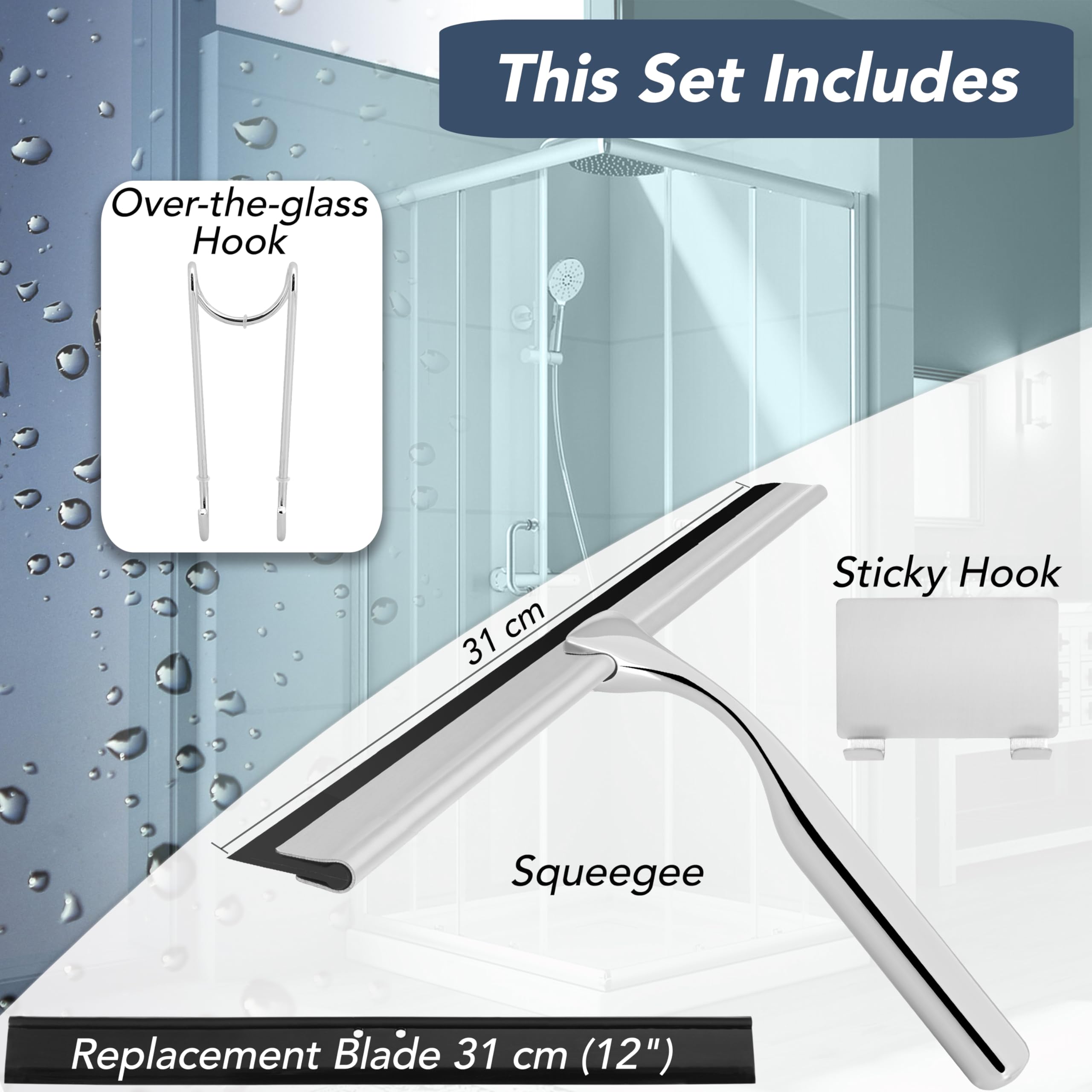 kowald Shower Squeegee Stainless Steel 31 cm Wide with 2 Different Hooks and Replacement Lip
