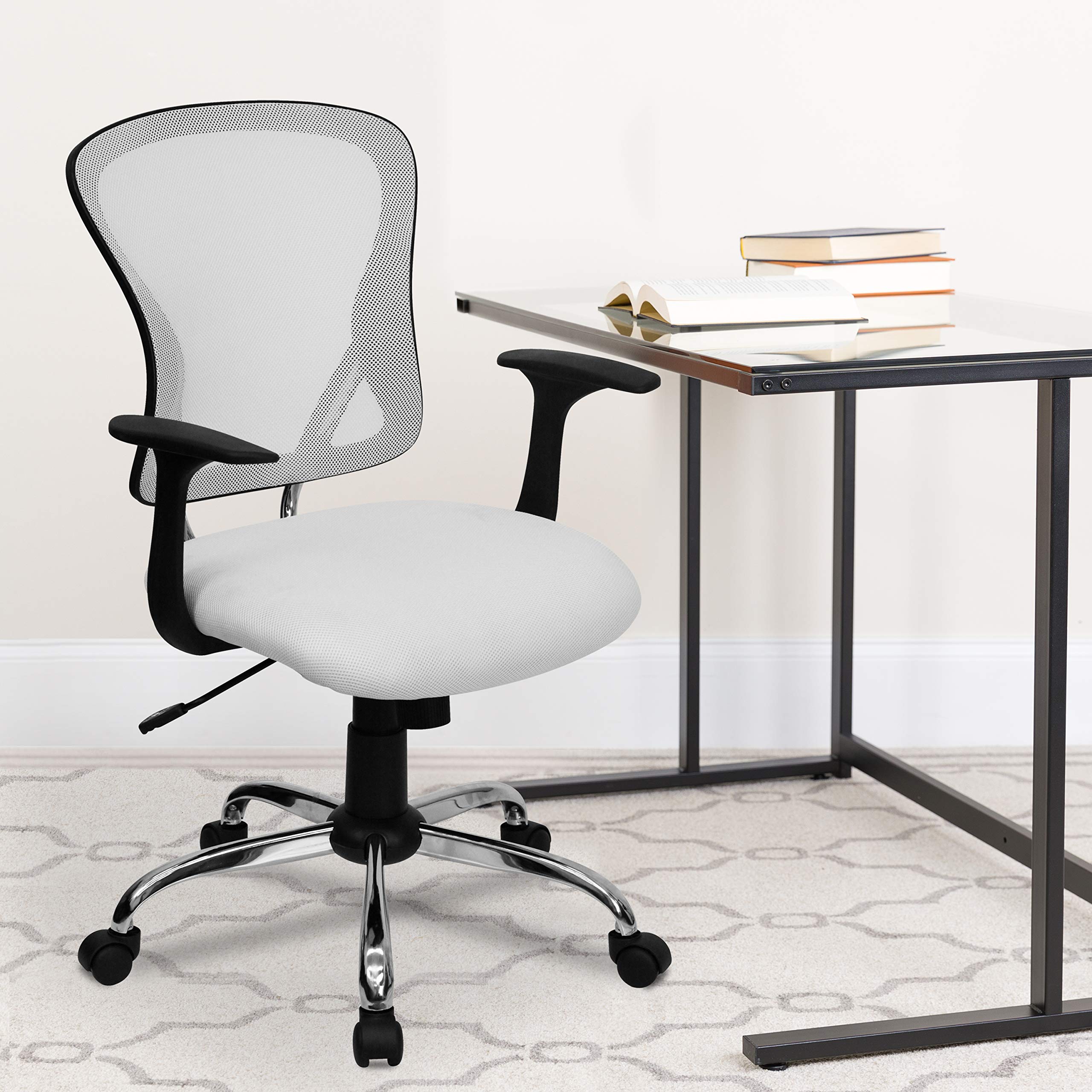 Flash Furniture Mid-Back Mesh Swivel Task Chair with Chrome Base and Arms, Metal, White, 73.66 x 60.96 x 27.94 cm