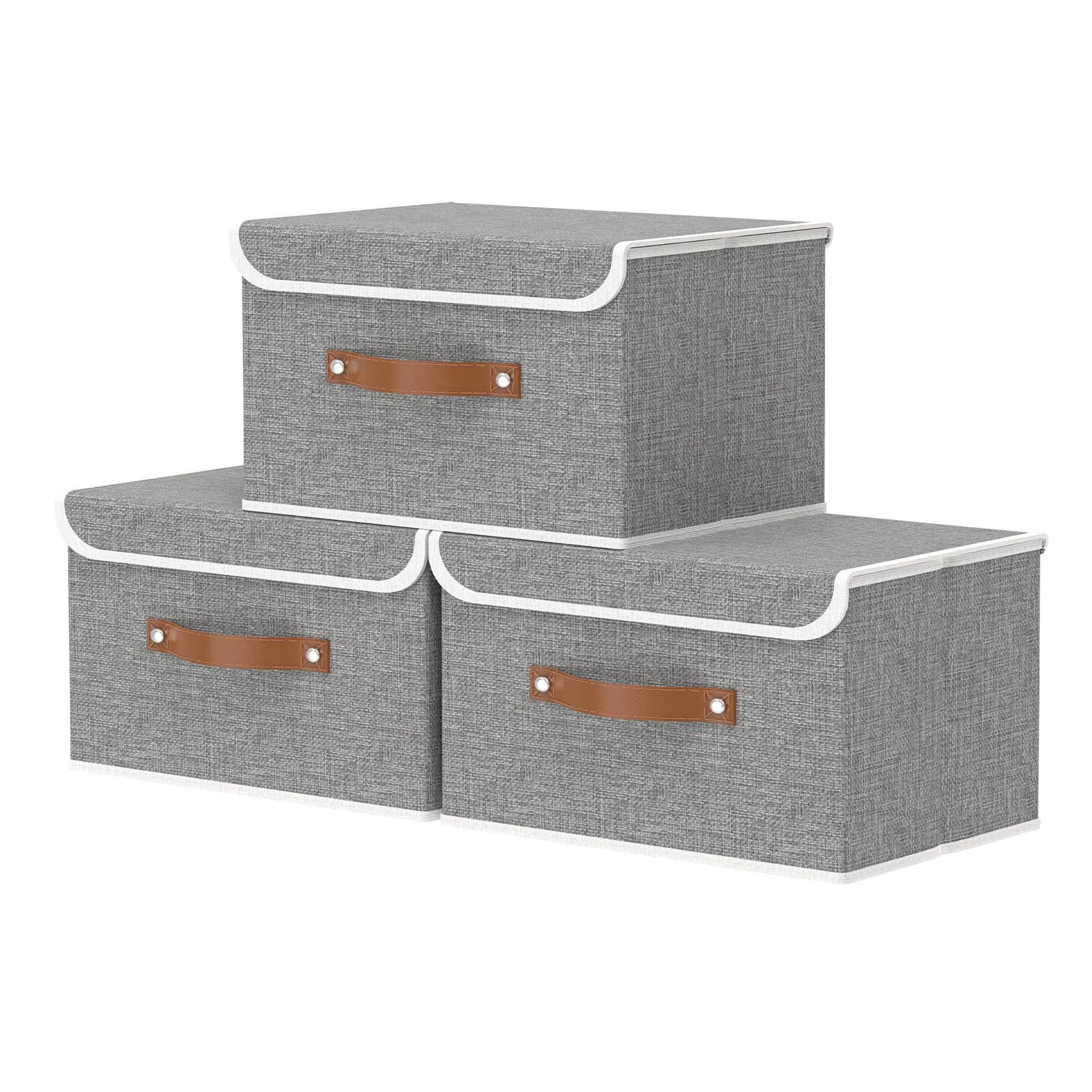 OUTBROS Fabric Storage Boxes with lids, Bins 33x23x20 cm (Grey, 3-Pack)