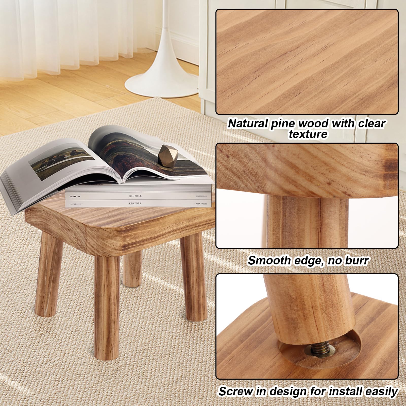 LOLYSIC Small Wooden Stool, Pine Wood Plant Stand 24 x 22 x 20 cm, Mini Square Stool with Removable Legs, Low Wooden Step Stool