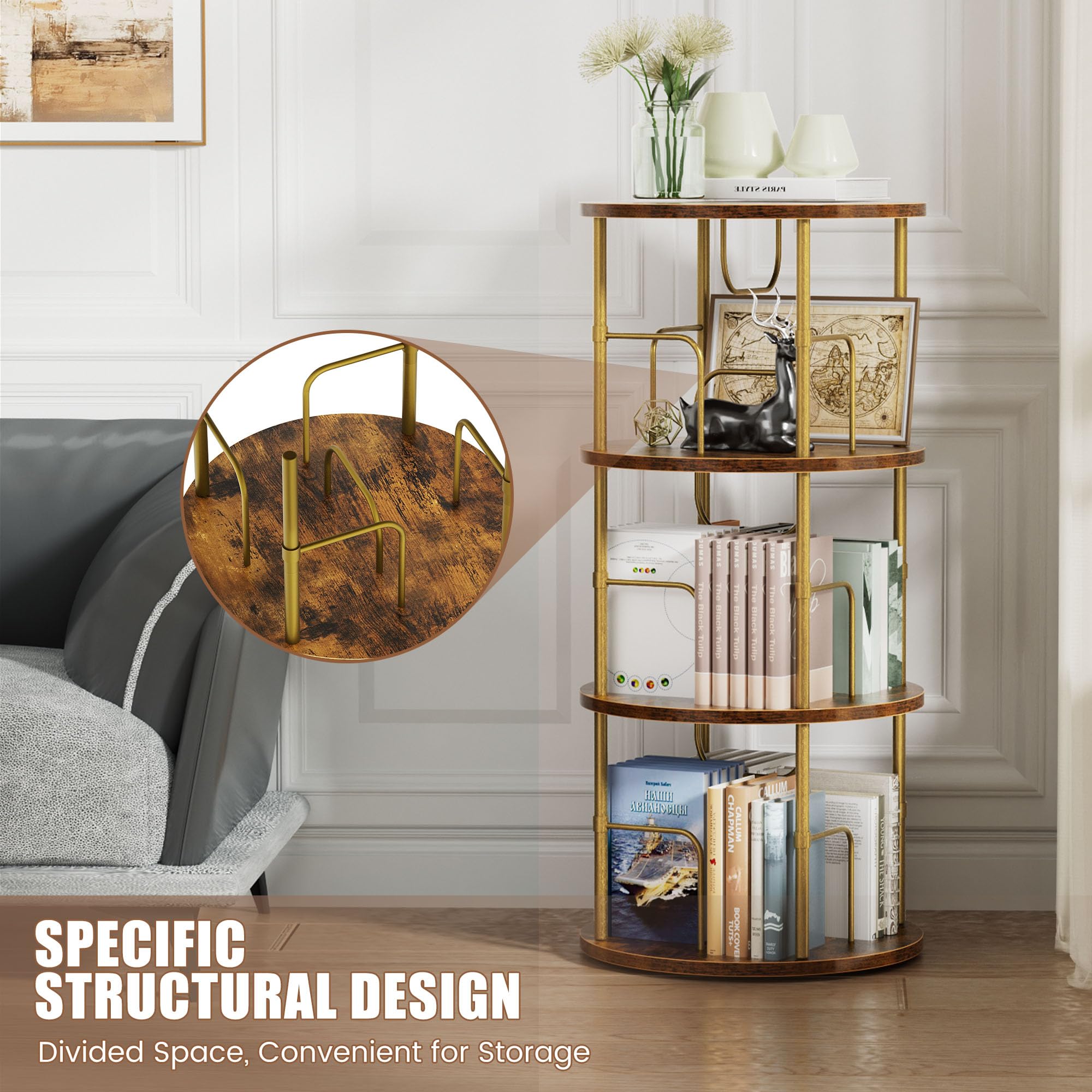 OCTORO 3 Tier Rotating Bookshelf, 360° Corner Bookshelf Tower, Round Revolving Bookcase with Adjustable Levels, Spinning Book Shelf for Home Office