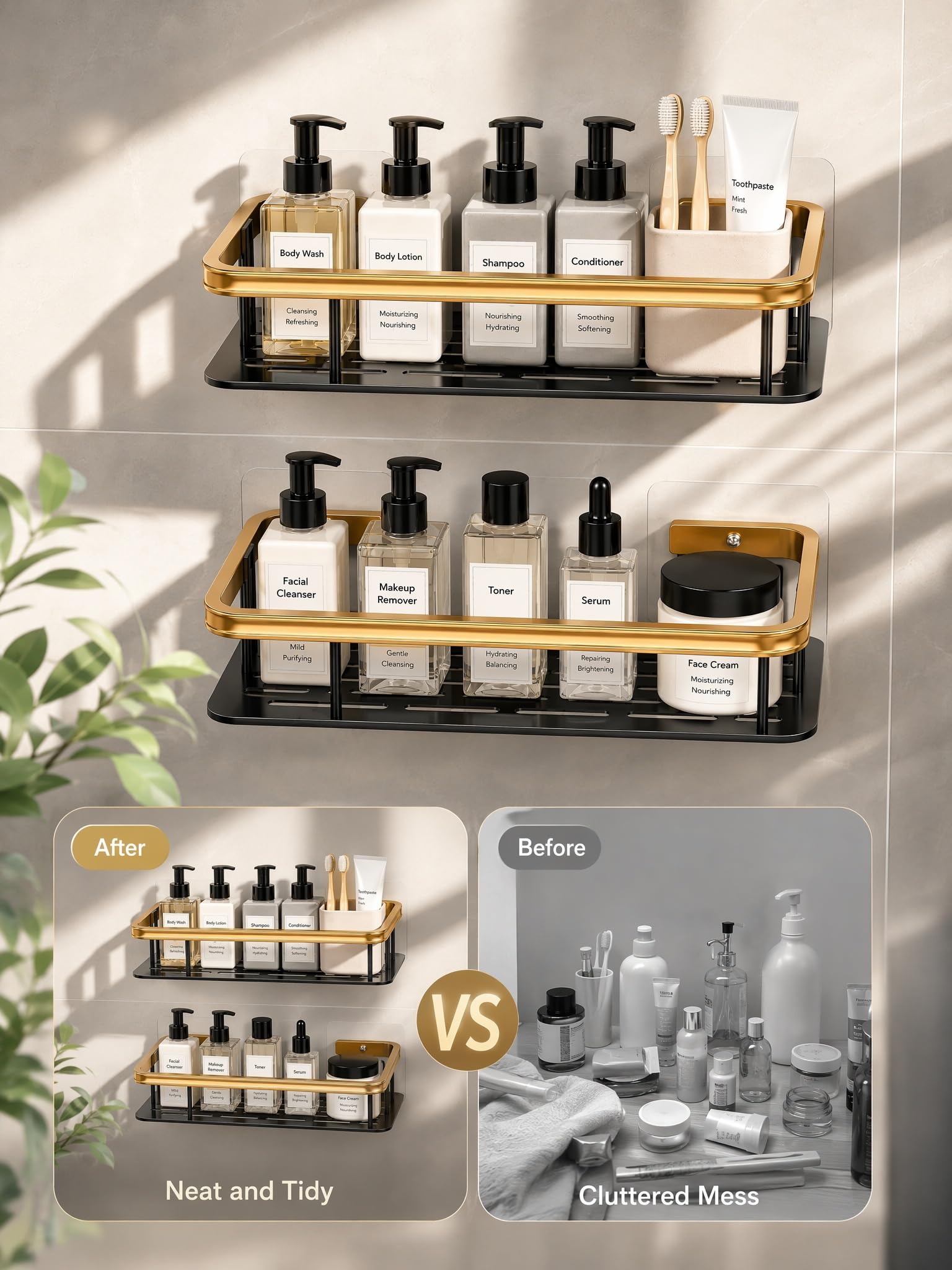 Shower Caddy 2 Pack, Black Gold Aluminium Storage Shelf, Wall Organiser