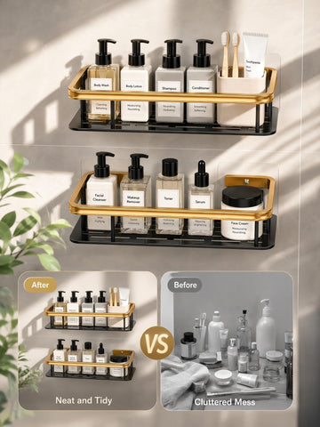 Shower Caddy 2 Pack, Black Gold Aluminium Storage Shelf, Wall Organiser