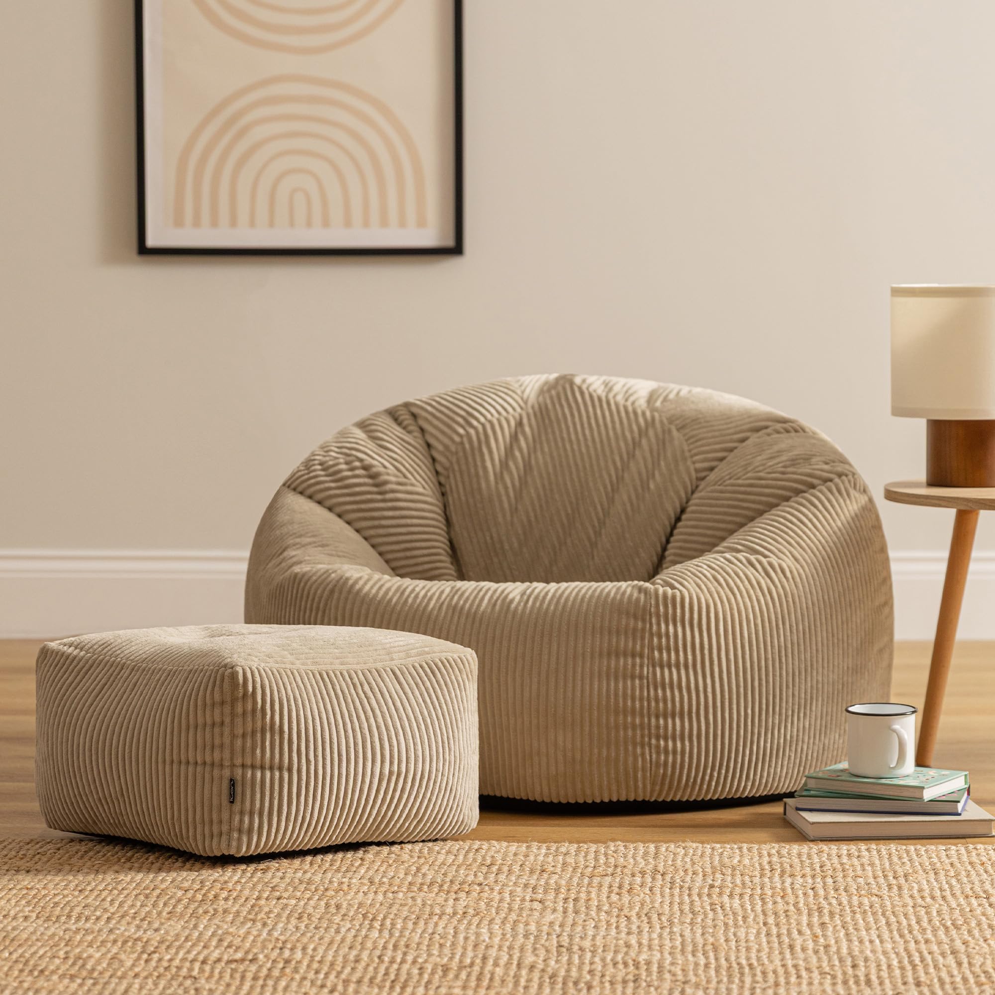 icon Kingston Cord Bean Bag & Footstool with Filling Included, Beige