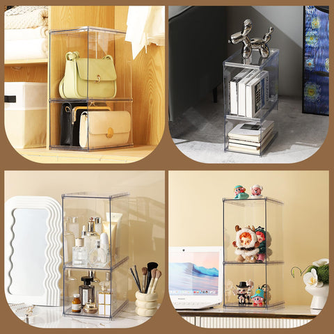 Fangoo 2 Pack Stackable Purse Bags Organizer for Closet Clear Acrylic Handbag Organizer Storage Boxes Display Case Kitchen Cupboard Bathroom