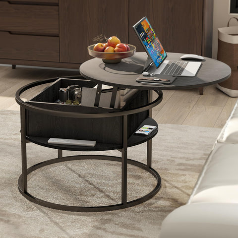 HOJINLINERO Round Coffee Table,Lift Top Coffee Tables for Living Room,Wooden Coffee Table with Hidden Storage & Lift Up Top,Modern Sofa Tea End